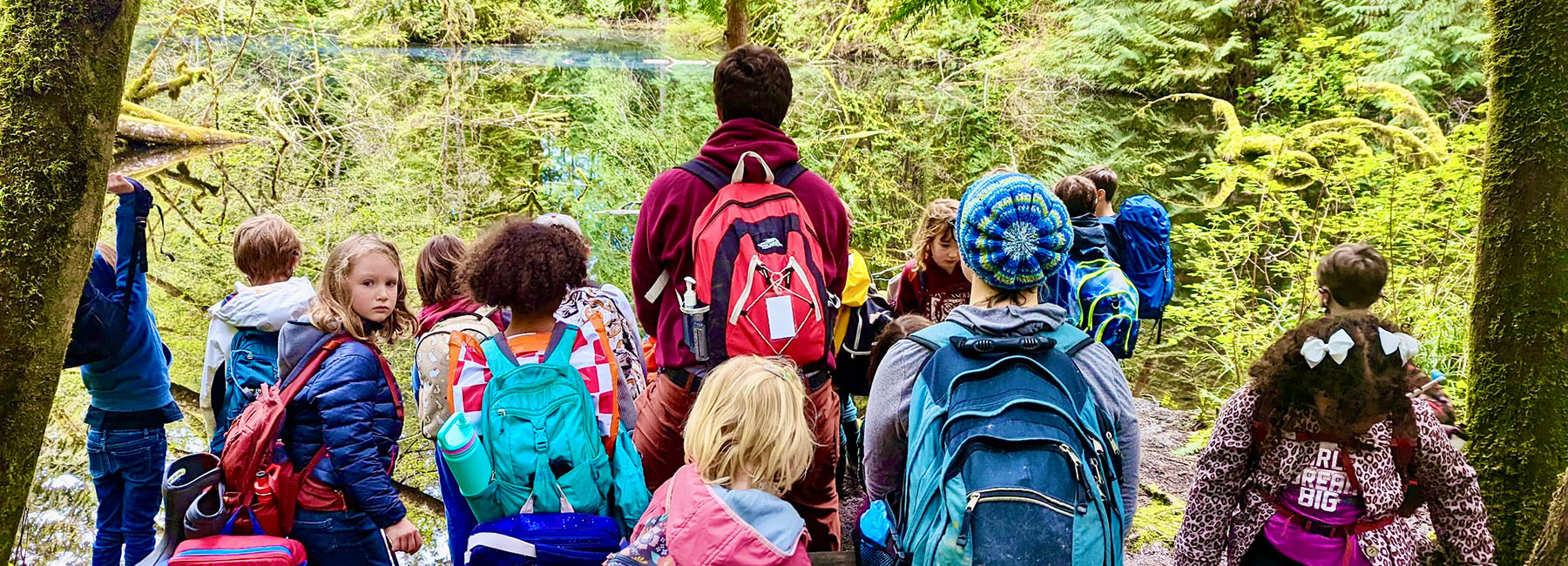 Elementary students on walk through the woods