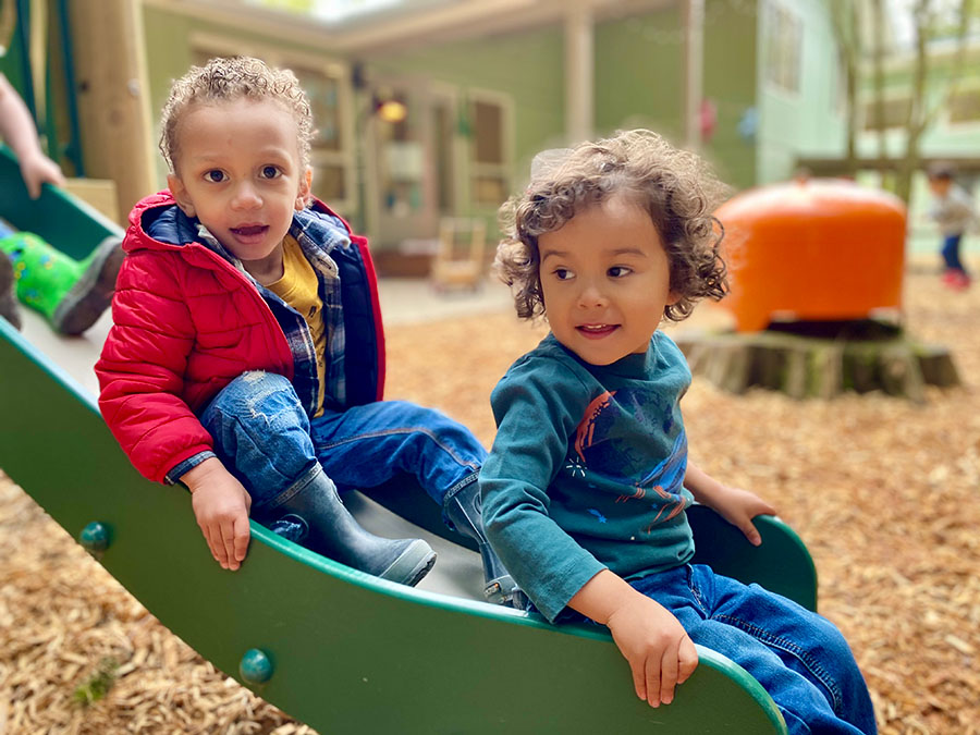 Two toddlers on a slide